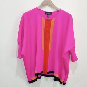 NEW! St. John Multi Color Pink Zip Front Bat Wing Sweater, Size L **Flawed